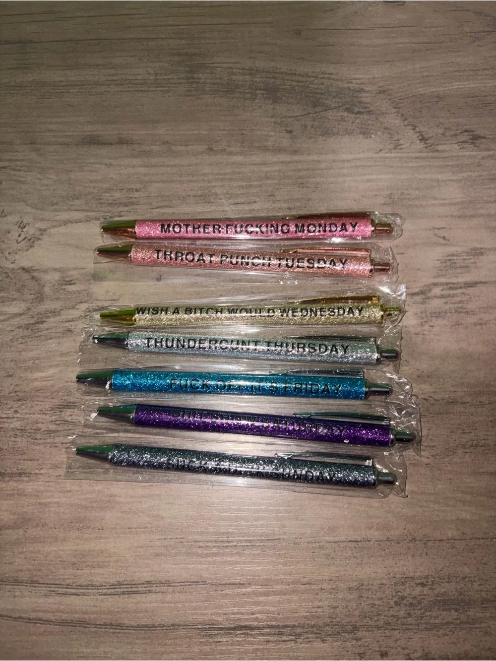 🆕💜 7 Funny Glitter Pens Set Days of the Week Sarcastic Adult Humor
